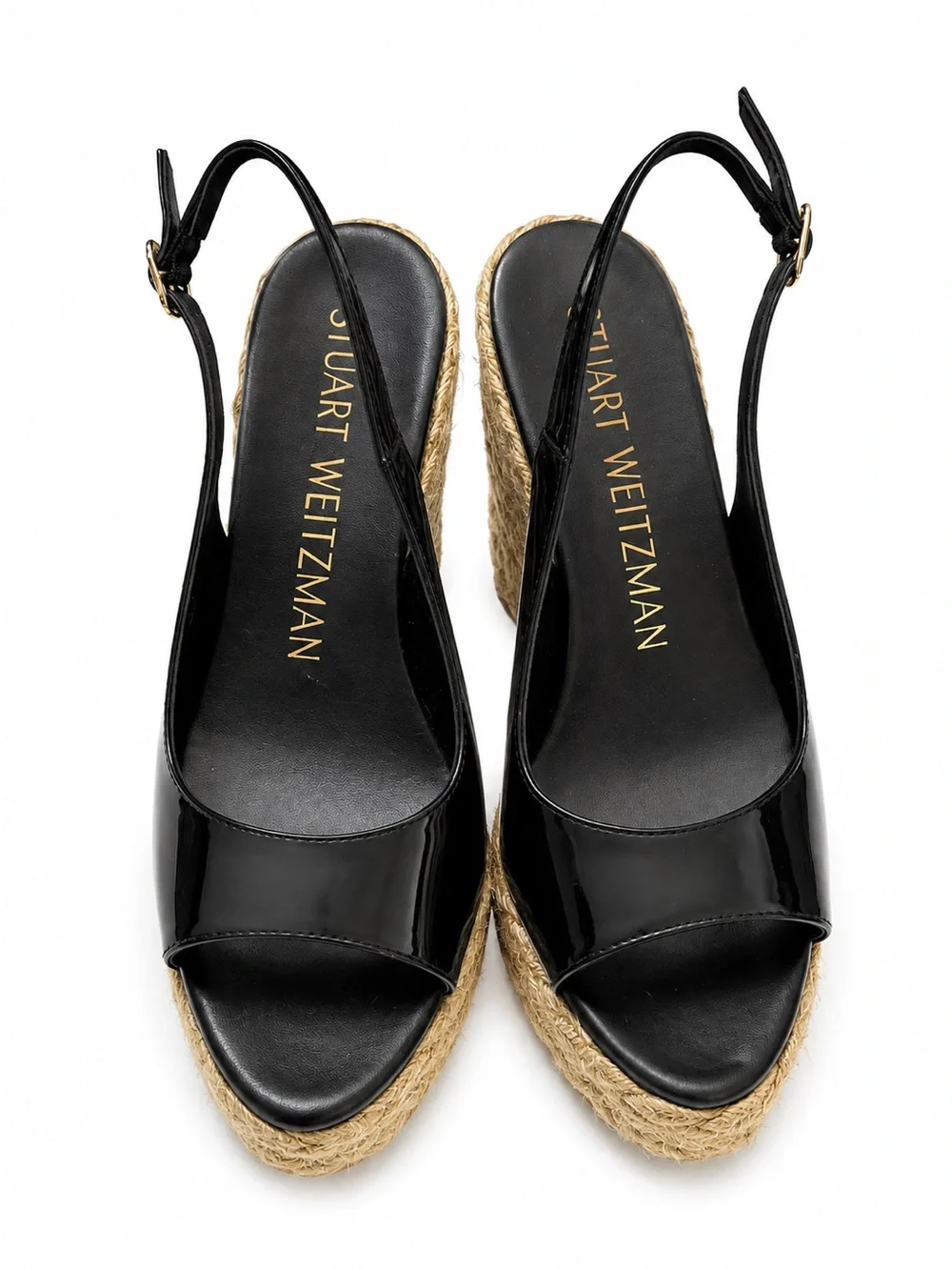 Stuart Weitzman Island Peep-Toe Espadrille Wedge Black Patent Leather Sz 7 New